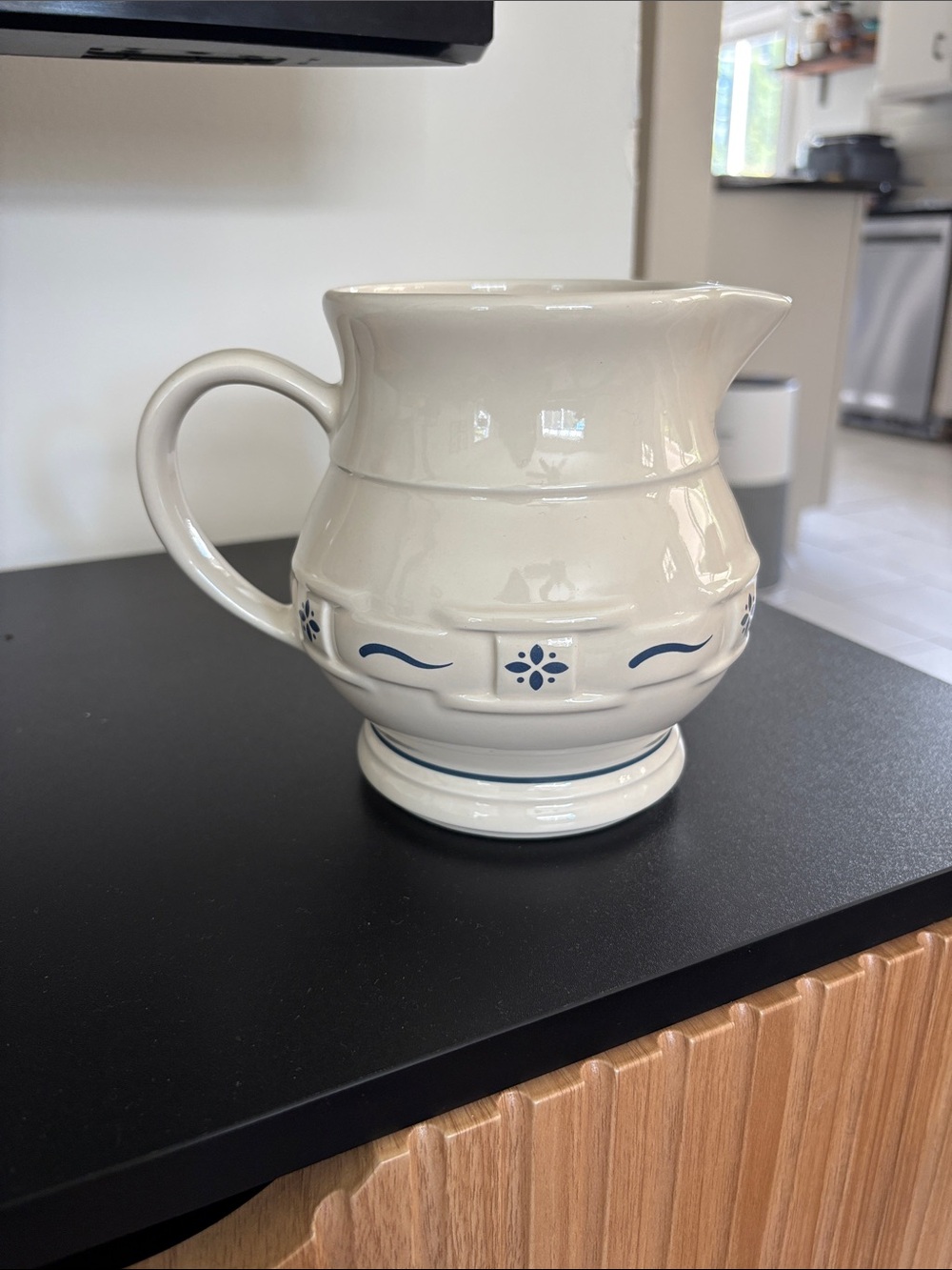 Longaberger Cream Ceramic Pitcher with Blue Motif